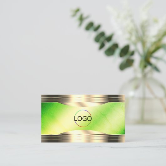 Carte De Visite Lumineuse Vert Marbre Or Frontières Logo QR Code (Debout devant)