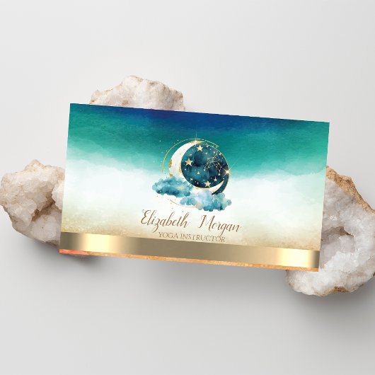 Carte De Visite Lune céleste étoiles dorées vert