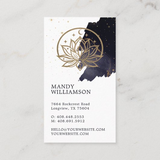 Carte De Visite Lune céleste holistique & Lotus Encre foncée Monog (Dos)