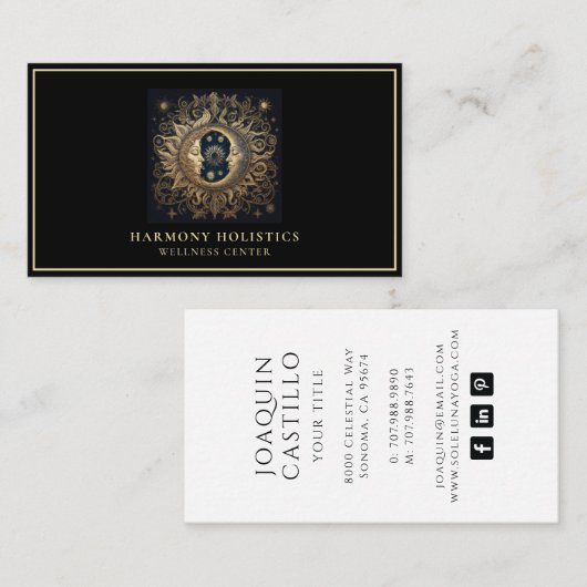 Carte De Visite Lune céleste holistique Soleil Or Noir (Devant / Derrière)