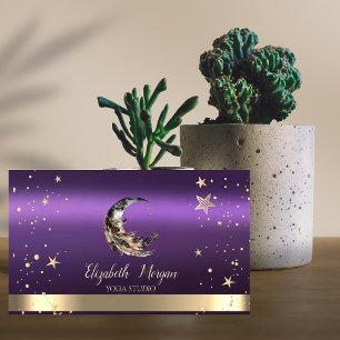 Carte De Visite Lune Plume Étoiles Dorées Noir Violet Studio de Yo