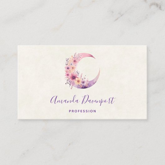 Carte De Visite Lune rose Croissant avec de jolies fleurs (Devant)