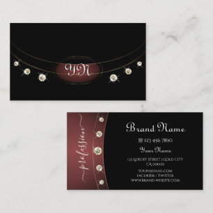 Carte De Visite Luxe Black Gold Burgundy Initiales Rhinestones