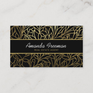 Carte De Visite Luxe Black & Gold Feuille Motif immobilier 