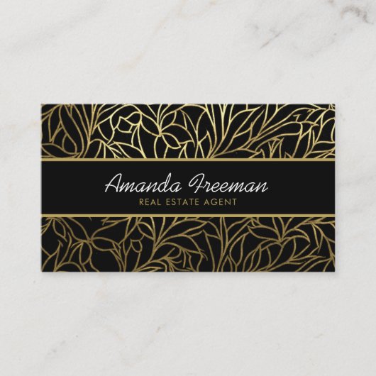 Carte De Visite Luxe Black & Gold Feuille Motif immobilier  (Devant)