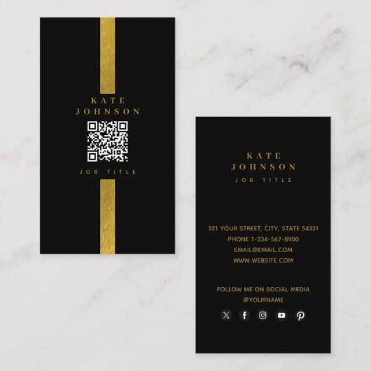 Carte De Visite Luxe Black Gold QR Code Social Media (Devant / Derrière)
