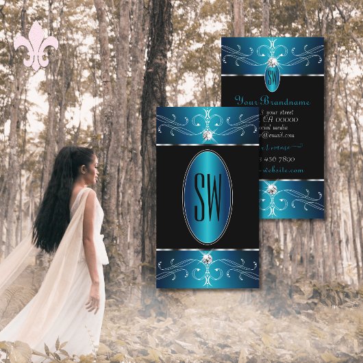 Carte De Visite Luxe Black Turquoise Bleu Ornat Ornat Monogramme