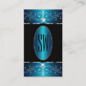 Carte De Visite Luxe Black Turquoise Bleu Ornat Ornat Monogramme (Devant)