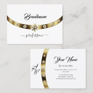 Carte De Visite Luxe Blanc avec Diamants Étincelants Or Monogramme