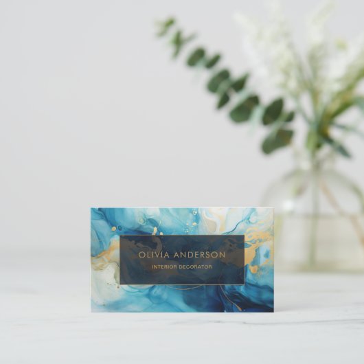 Carte De Visite Luxe Blue Gold QR Code Mode tendance moderne (Debout devant)