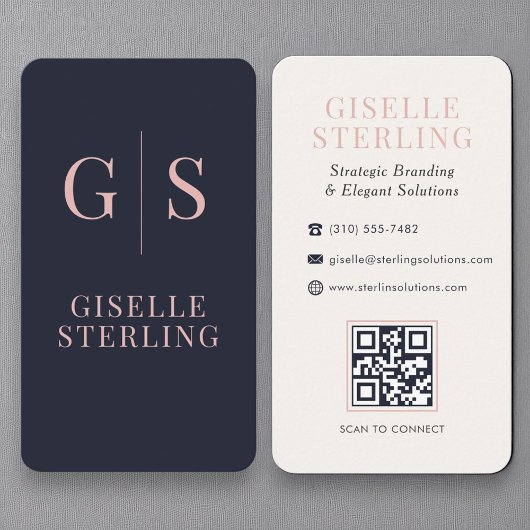 Carte De Visite Luxe Blush Rose Monogramme Marine bleu QR Code