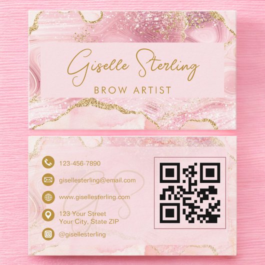 Carte De Visite Luxe Brow Artist Blush Pink Gold Agate QR Code
