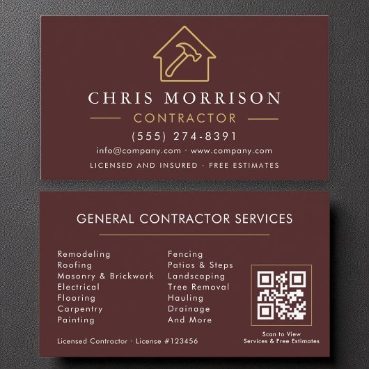 Carte De Visite Luxe Burgundy Gold Construction Moderne QR Code