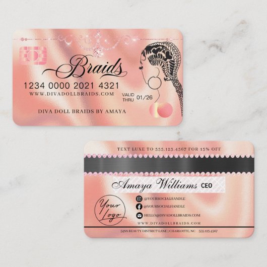 Carte De Visite Luxe Diamond Foil Cheveux Braiding Credit Style Bu (Devant / Derrière)