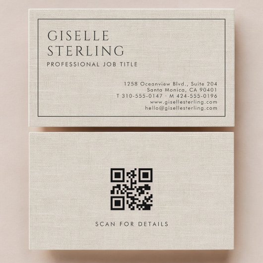 Carte de visite luxe en lin beige avec QR code mod