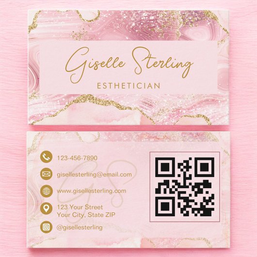 Carte De Visite Luxe Esthetician Blush Pink Gold Agate QR Code