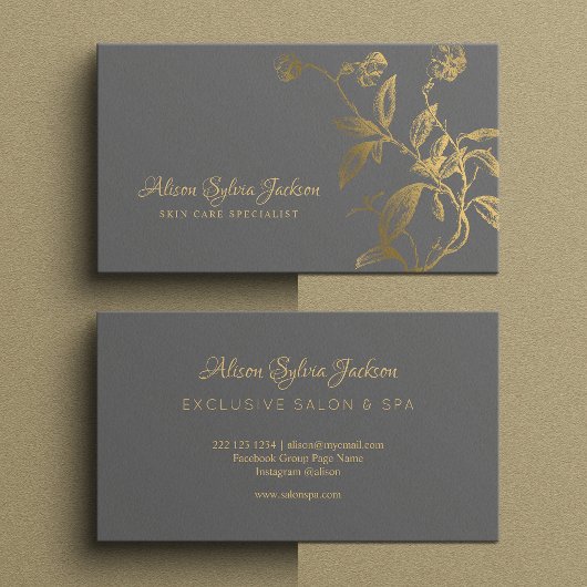 Carte De Visite Luxe fausse feuille or gris foncé élégant