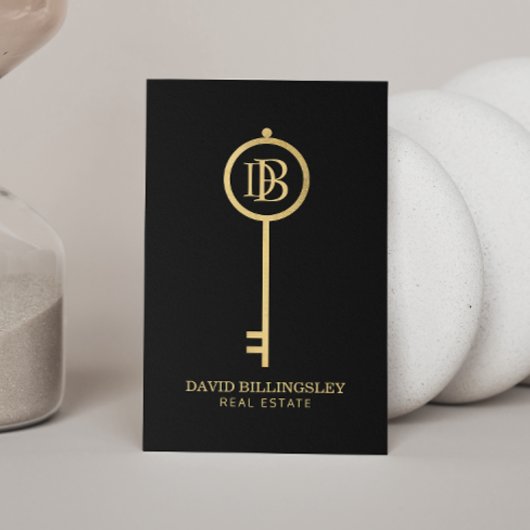 Carte De Visite Luxe Faux Gold Skeleton Key Monogram Realtor