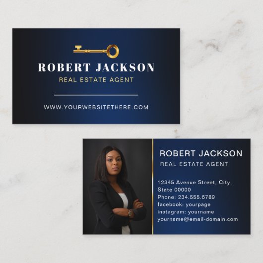 Carte De Visite Luxe Faux Golden Key Realtors Luxe Marine Moderne (Devant / Derrière)