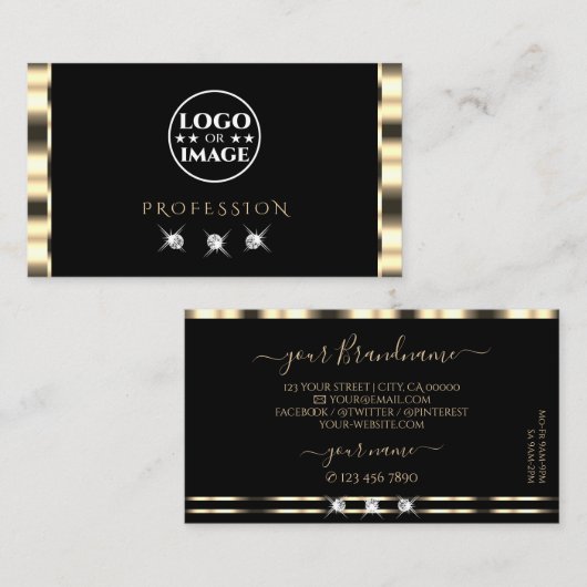 Carte De Visite Luxe Glam Gold Black Sparkling Diamonds avec logo (Devant / Derrière)