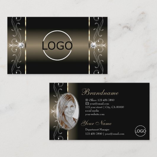 Carte De Visite Luxe Glam noir beige squigglé Bijoux Logo Photo (Devant / Derrière)