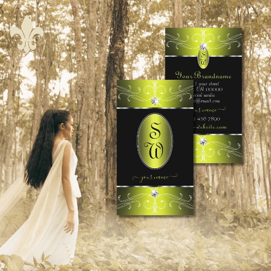 Carte De Visite Luxe Glam Noir Jaune Ornat Ornat Monogramme