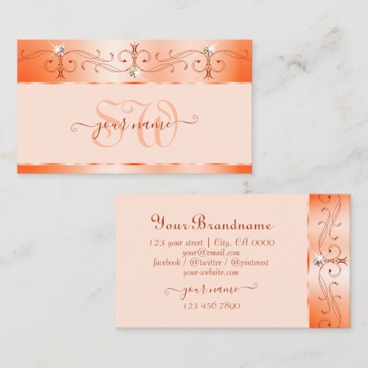 Carte De Visite Luxe Glam Peach Ornate Sparkling Bijoux Monogramme (Devant / Derrière)