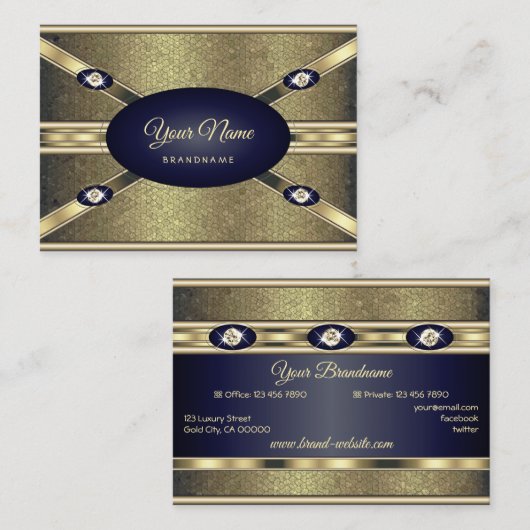 Carte De Visite Luxe Golden Effects Bleu foncé avec Faux Diamants (Devant / Derrière)