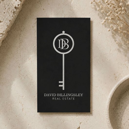 Carte De Visite Luxe Gray Skeleton Key Monogramme Realtor