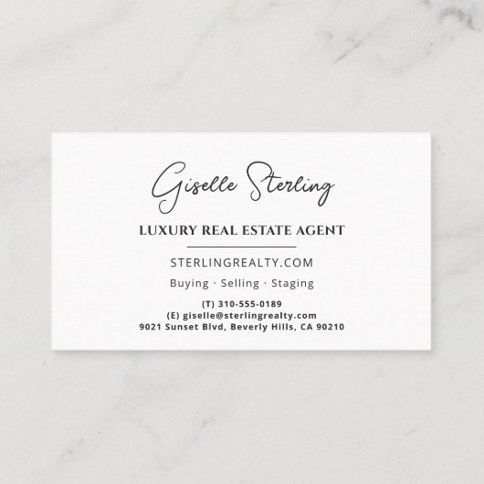 Carte De Visite Luxe Immobilier Blanc Script noir (Dos)