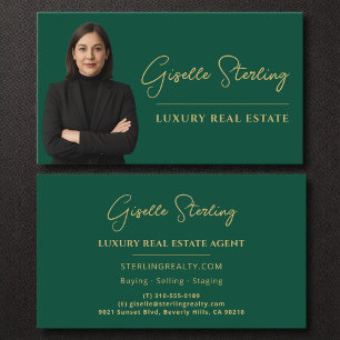 Carte De Visite Luxe Immobilier Emerald Green Gold Script