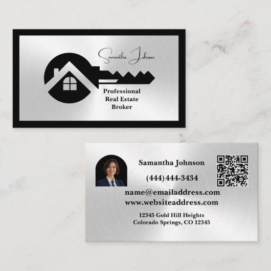Carte de visite luxe noir et argent à code QR phot (Devant / Derrière)