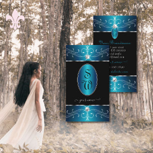 Carte De Visite Luxe Noir Turquoise Bleu Ornat Ornements Initiales