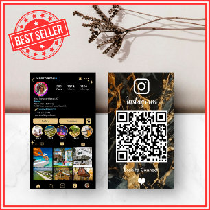 Carte De Visite LUXE Or & Noir Instagram Marble Agate QR