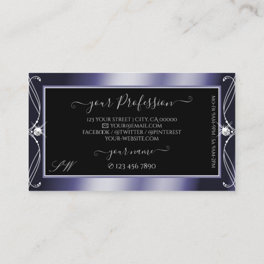 Carte De Visite Luxe Ornate Bleu Bleu Éperche Diamants Monogramme (Dos)