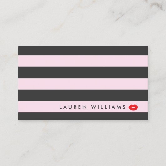 Carte De Visite Luxe Pink/Grey Stripes Rouge Lips Artiste maquilla (Devant)