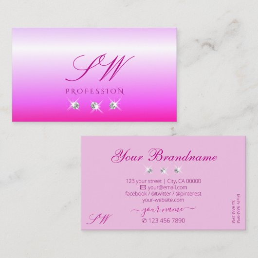 Carte De Visite Luxe Pink Ombre Sparkling Diamonds Monogram Luxe (Devant / Derrière)