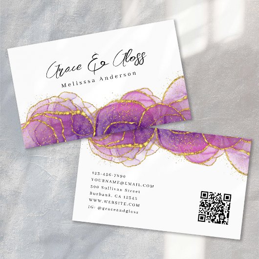 Carte De Visite Luxe Purple Gold Glitter Nail Salon QR Code