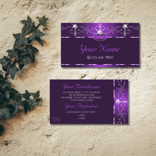 Carte De Visite Luxe Purple Squigles Sparkle Diamonds Monogramme
