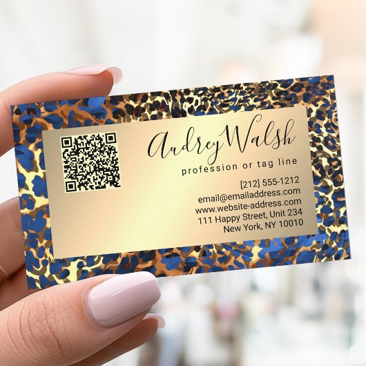 Carte De Visite Luxe QR Code Peau de Léopard Pailleté Or