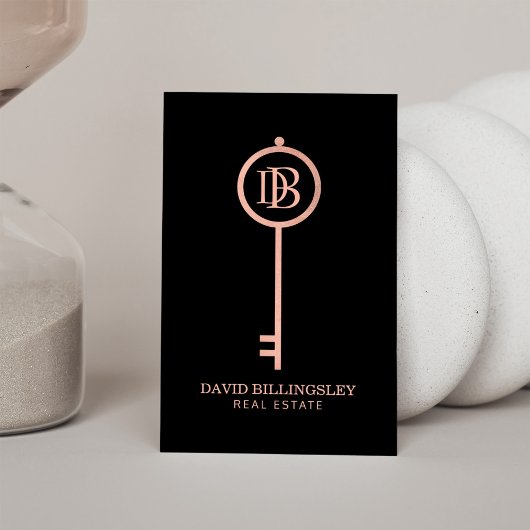 Carte De Visite Luxe Rose Gold Skeleton Key Monogram Realtor