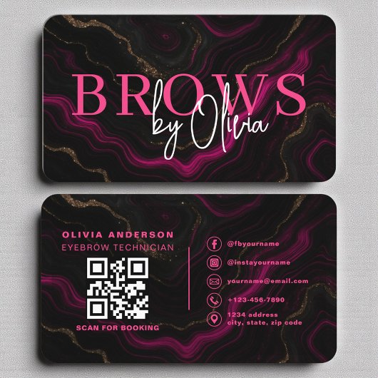 Carte De Visite Luxe rose noir de marbre Brows QR Code