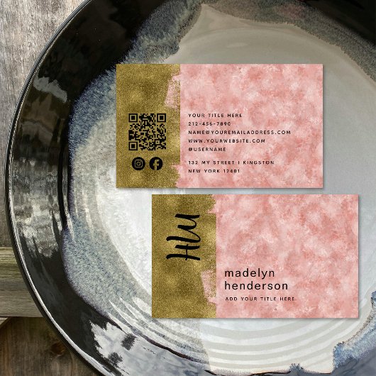 Carte De Visite Luxe Rose Quartz Gold Brush QR Code Médias sociaux