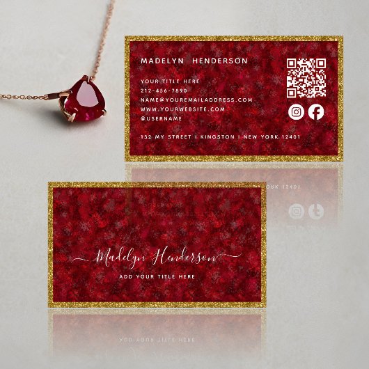 Carte De Visite Luxe Ruby Gold Frame QR Code Social Media Icons