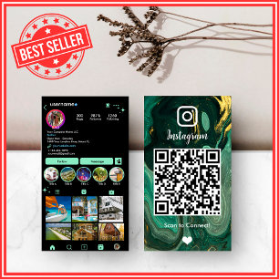 Carte De Visite LUXE Vert & Noir Instagram Marbre Agate QR