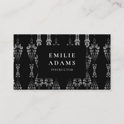 Carte De Visite Luxueux Chic Argent Noir et Blanc Ornemental (Devant)