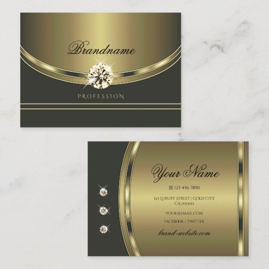 Carte De Visite Luxueux Gold Dark Grey avec diamants étincelants (Devant / Derrière)