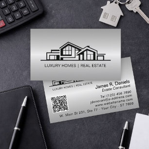 Carte De Visite Luxueux Gris Argent Immobilier Chic Professionnel