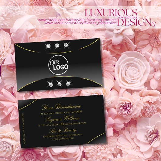Carte De Visite Luxueux noir avec diamants or déco et logo