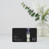Carte De Visite Luxueux Noir Bleu Argent Décor Bijoux Monogramme (Debout devant)